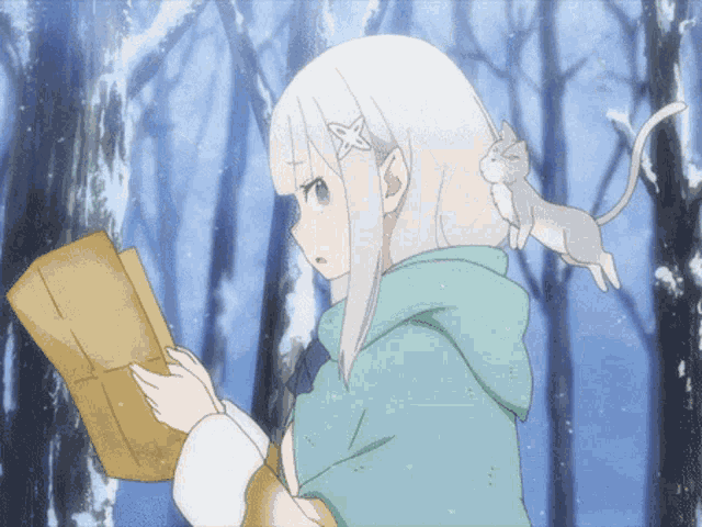 a girl with white hair and a cat on her shoulder