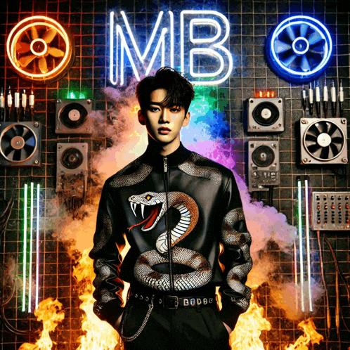 a man in a black jacket with a snake on it stands in front of a neon sign that reads mb