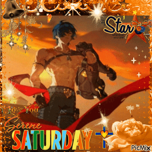 a saturday greeting card with a man holding a red scarf