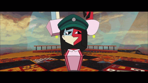a cartoon drawing of a woman in a pink dress and a green hat