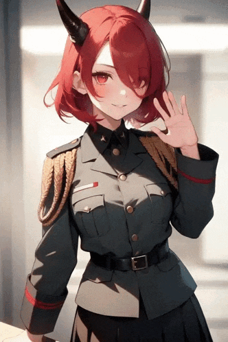 a girl with red hair is wearing a military uniform and has horns on her head