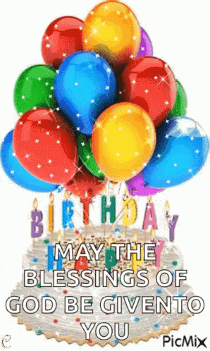 a birthday cake with balloons and candles and the words `` may the blessings of god be given to you '' .