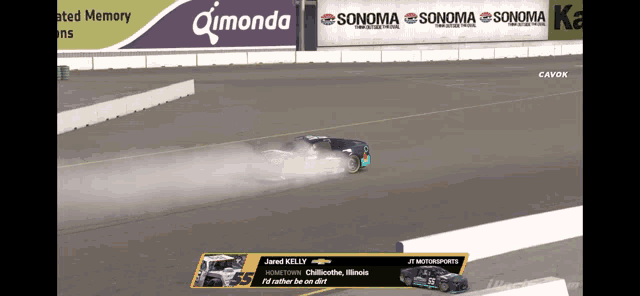 a race car is drifting on a track with advertisements for sonoma and qimonda