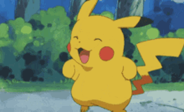 a pikachu cartoon character is smiling and dancing in a park