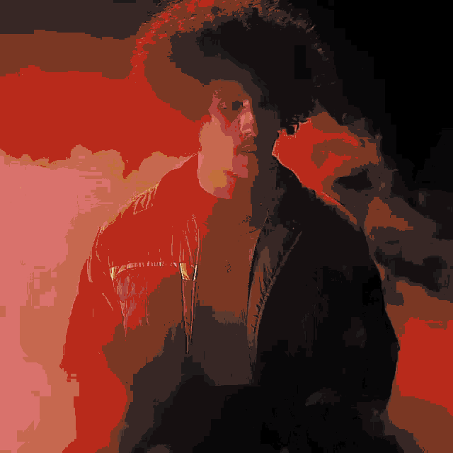 a painting of a man with an afro and a jacket with the letter v on it
