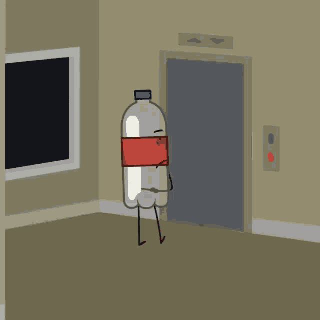 a cartoon drawing of a soda bottle standing in front of a elevator