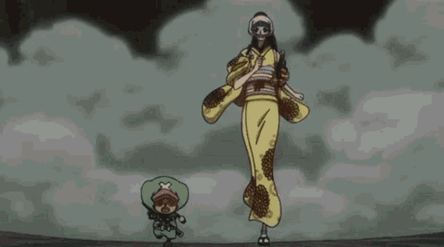 a woman in a kimono is standing next to a chopper .