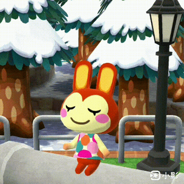 a cartoon bunny is sitting on a fence with her eyes closed in a video game .