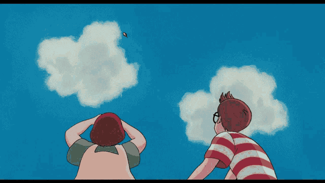 a boy and a girl are looking up at clouds