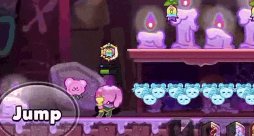 a cartoon character is jumping over a shelf with candles and skulls .