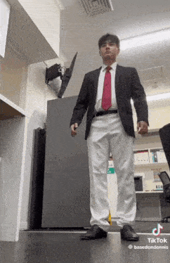 a man in a suit and tie is standing in front of a refrigerator with a tv mounted on the wall behind him