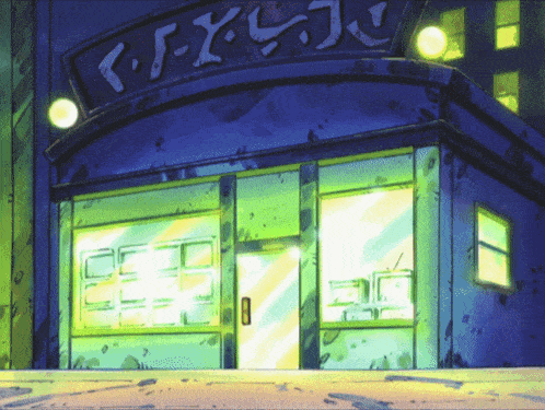 a cartoon drawing of a store front with a sign that says ' kyuji '