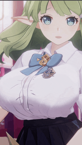 a girl with green hair is wearing a white shirt and a blue bow
