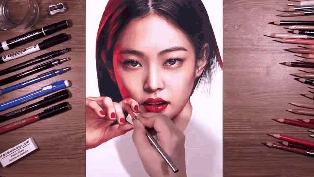a person is drawing a woman 's face with a prismacolor eraser in the foreground