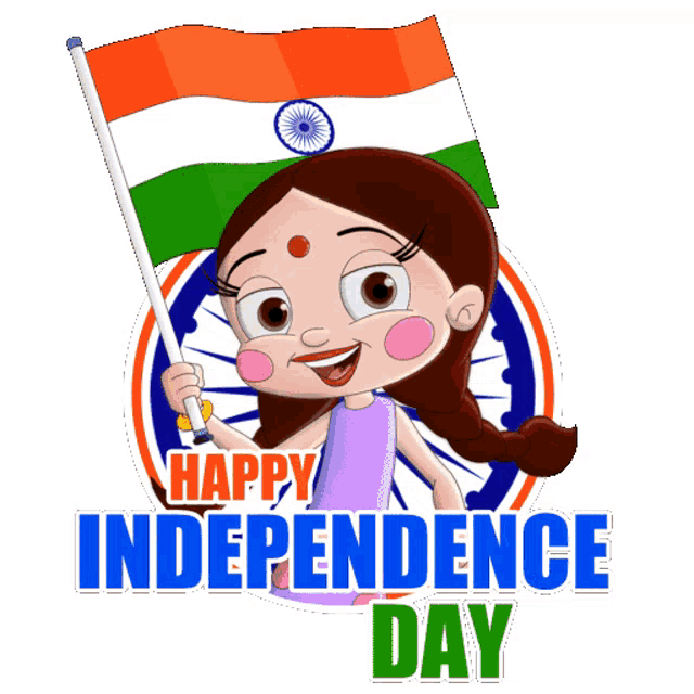 a cartoon girl holding an indian flag with the words happy independence day