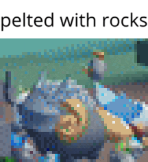 a pixel art of a person laying on the ground with the caption pelted with rocks
