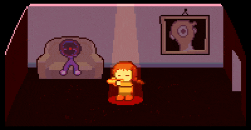 a pixel art of a room with a couch and a painting