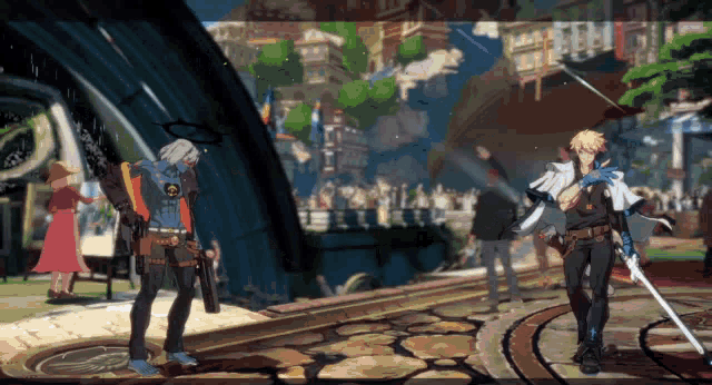 a video game scene with a man holding a sword and another holding a gun
