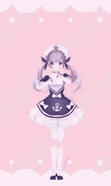 a girl with purple hair is wearing a maid dress and a hat .