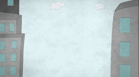 a cartoon drawing of a city with buildings and clouds