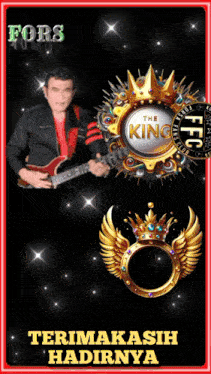 a man playing a guitar in front of a king logo