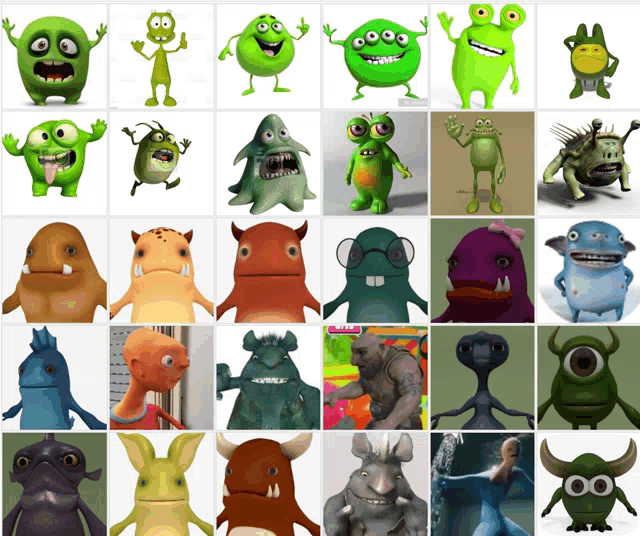 a collage of cartoon monsters including one that says ' 00 ' on it