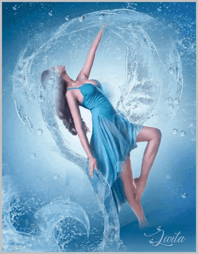 a woman in a blue dress is surrounded by water and the name juvita is on the bottom