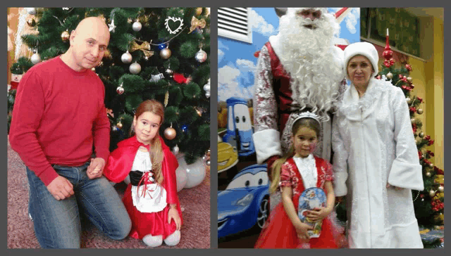 a man kneeling next to a little girl dressed as red riding hood and a little girl dressed as santa claus