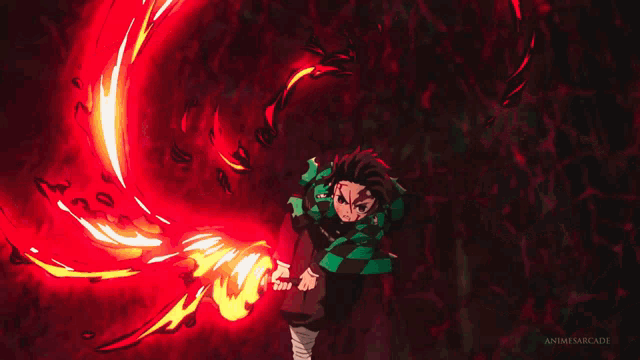 a cartoon character is surrounded by a red and yellow flame