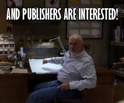 a man sits at a desk with the words " and publishers are interested " below him