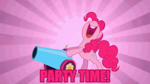 a pink pony is holding a cannon and the words party time are below it