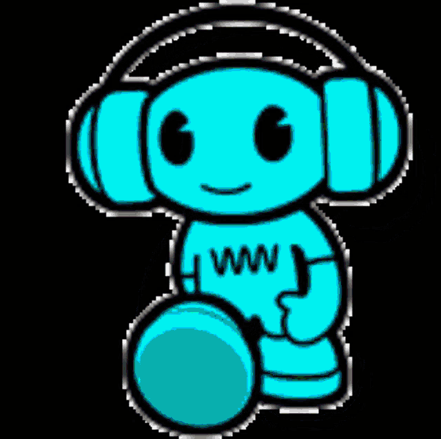 a green cartoon character wearing headphones and a w on his chest