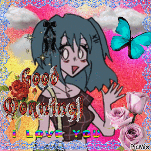 a picture of a girl with roses and butterflies that says good morning i love you