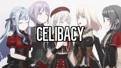 a group of anime girls standing next to each other with the word celibacy on the bottom