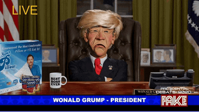 a cartoon of donald trump sits at a desk