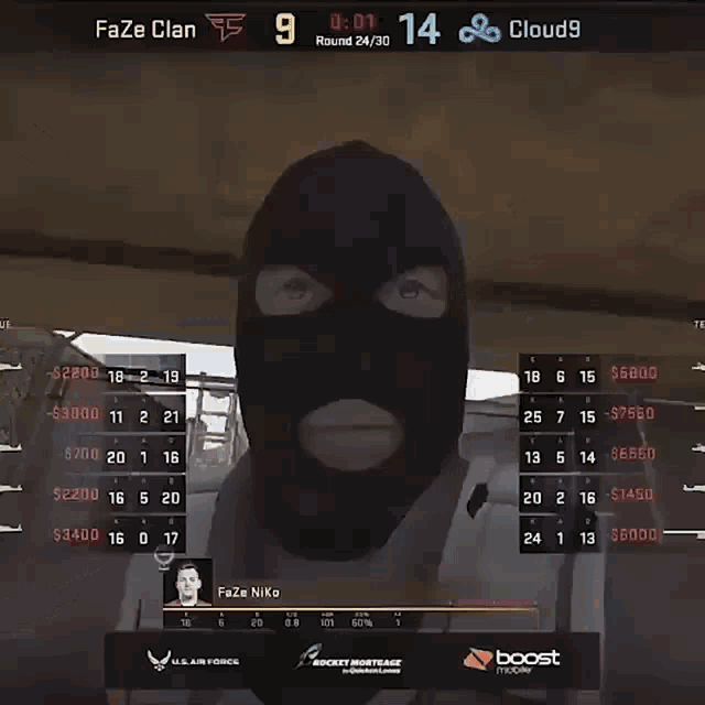 a video game screen shows a man wearing a ski mask and the name faze nika