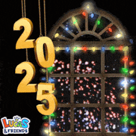 a lucas & friends christmas greeting card with a window and fireworks