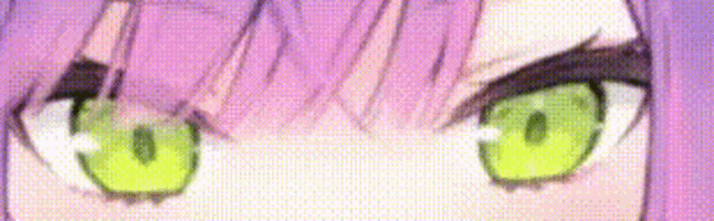 a close up of a girl 's green eyes with pink hair .