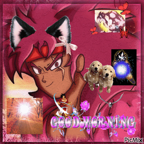 a good morning greeting card with a cartoon character and puppies