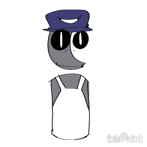 a drawing of a man wearing overalls and a hat with a smile on his face .