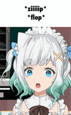 a girl with white hair and green hair is wearing a maid outfit and has a cat ear on her head