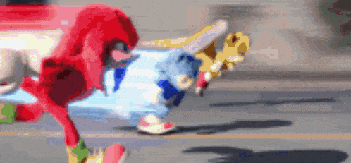 sonic the hedgehog and knuckles the echidna are running down a street