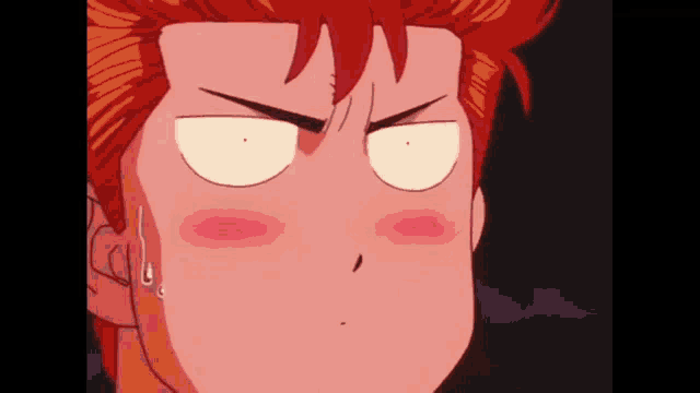 a close up of a cartoon character with red hair making a funny face