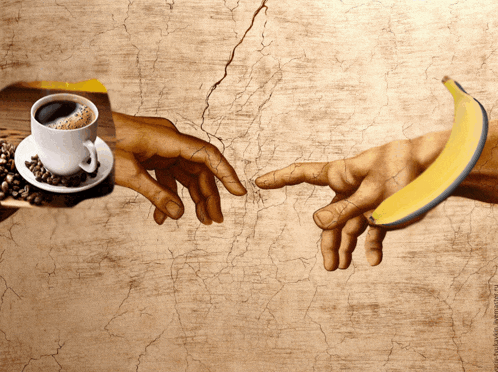 a painting of a man reaching for a cup of coffee and a banana