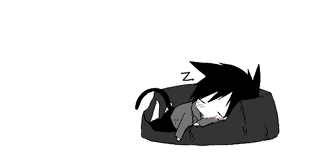 a black and white drawing of a cat sleeping on a pillow