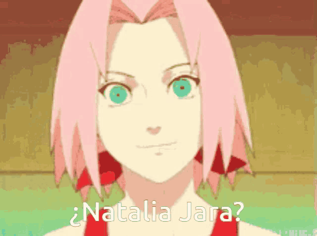 a cartoon character with pink hair and green eyes says natalia jara