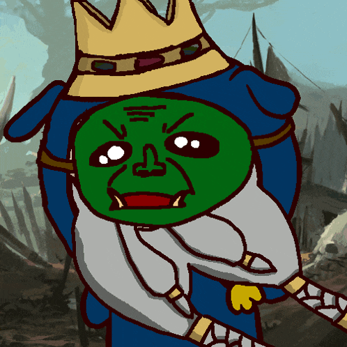 a cartoon drawing of a king carrying a green orc on his shoulders