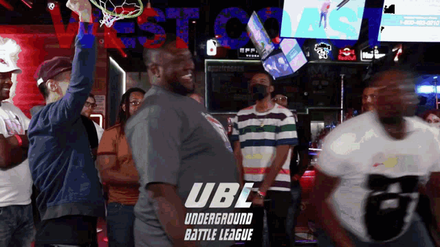 a group of people are gathered in a underground battle league
