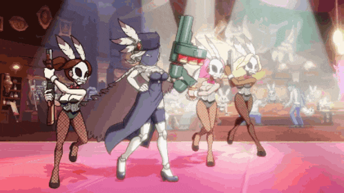 a group of cartoon characters are holding guns and dancing