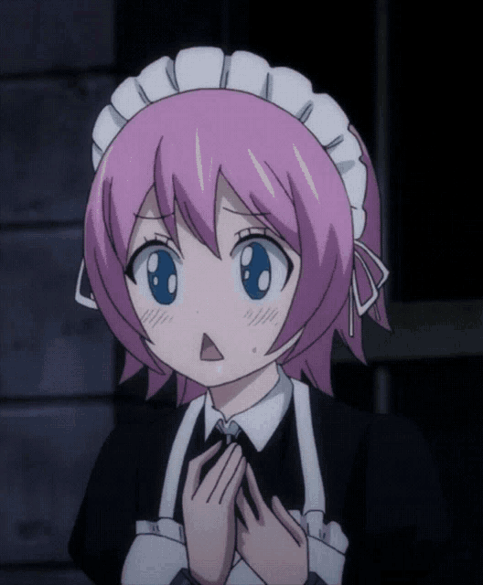 a girl with pink hair wearing a maid outfit